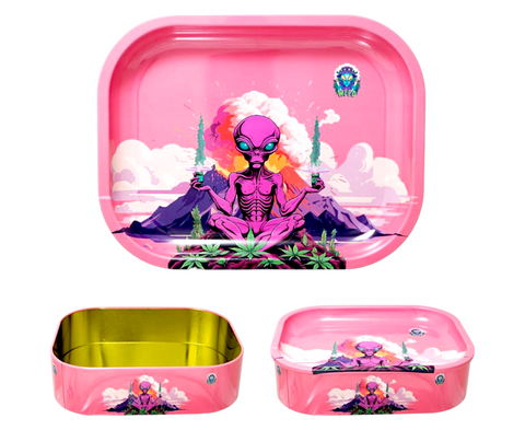 Metal Rolling Tray & Storage Tin Stash Combo 18cm x 14cm x 4.5cm - Pink Alien