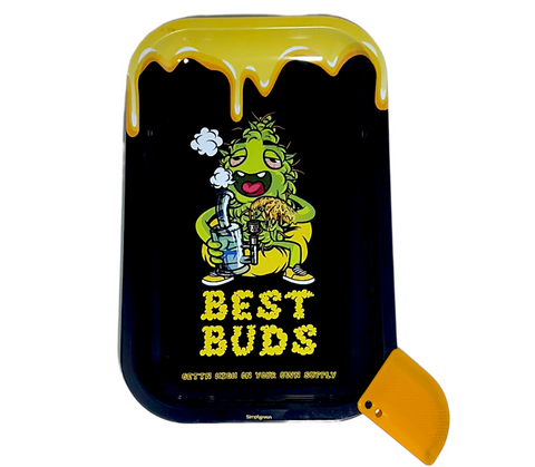 Best Buds Dab Large Metal Rolling Tray with Magnetic Grinder Card