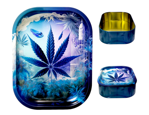 Metal Rolling Tray & Storage Tin Stash Combo 18cm x 14cm x 4.5cm - Blue Leaf