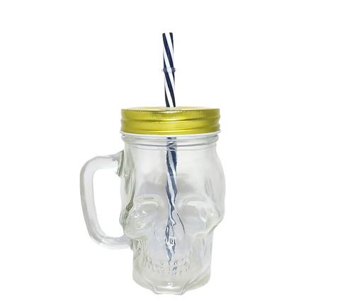 Glass skull drinking jar with straw